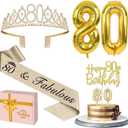 80th Birthday Decorations for Women Gold with 80th Birthday Sash and Tiara, Cake Topper and Candles, Number Balloons, 80 Year Old Gifts for Women