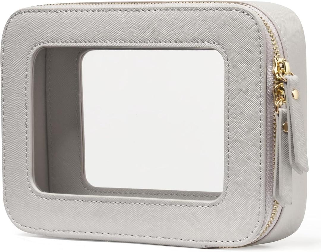 Popvibe Clear Makeup Bag Travel Cosmetic Case Transparent Toiletry Bag with Zipper, Portable Make Up Organizer Traveling Compact Car Bag for Essentials (Beige Grey)