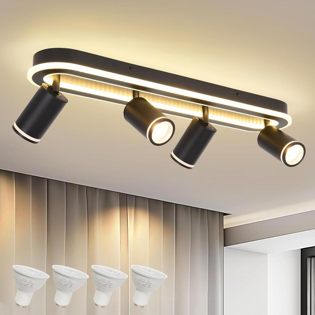 LED 4 Light Track Lighting Spotlight Kit, Black Ceiling Spotlights, Modern Track Light Fixture with Flexibly Rotatable Light Heads, 50W+20W Dual Lighting for Kitchen Living Room, Includes 4 x GU10 Bulb