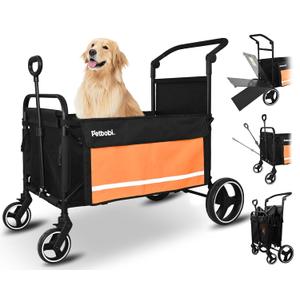 Petbobi Dog Wagon Stroller for Large & Medium Dogs, 2-in-1 Push Pull Pet Cart with Ramp, Foldable Wagon, 360° Swivel Wheels, Adjustable Handles, Safety Leashes, Orange