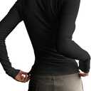 Women's Long Sleeve Tee Shirts Button Down Slim Fitted Basic Henley Tops Fall Ribbed Knit Shirts (Black, M)