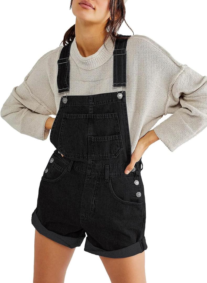 Sovoyontee Women's Shortalls Classic Adjustable Straps Denim Bib Jean Overalls Shorts Rompers Summer Jumpsuits (Large, A-black)