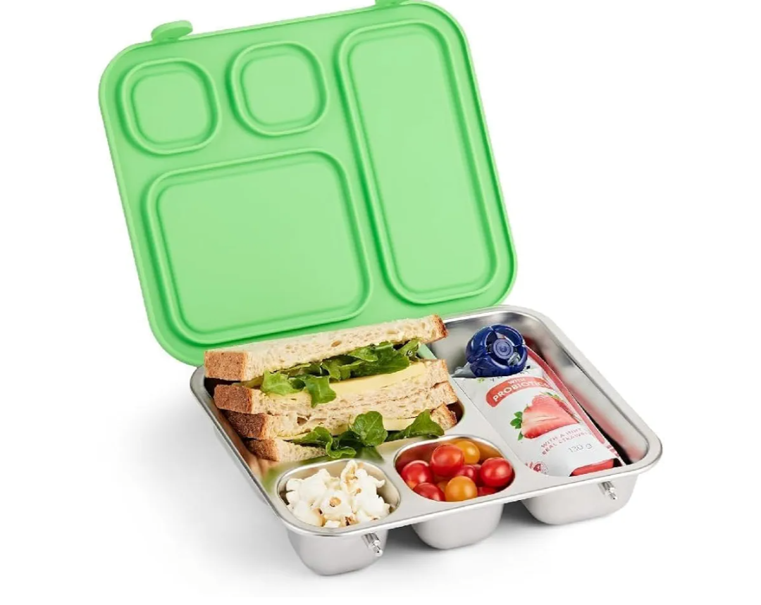 Elk and Friends Kids Stainless Steel Bento Box with Silicone Lid | Leak-proof | Toddler Lunch Container | 4 Compartments | Dishwasher Safe