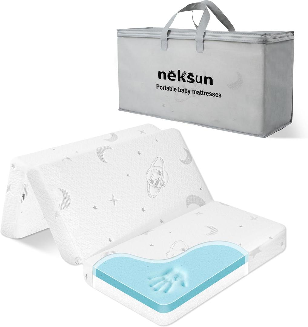 Pack and Play Mattress Pad, 38" x 26" Dual Sided Tri-fold Baby Mattress for Pack N Play, Portable Memory Foam Travel Foldable Crib Mattresses with Breathable Jacquard Cover