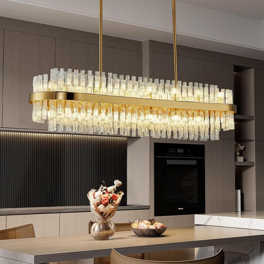 Siljoy 47'' Gold Rectangular Crystal Chandelier for Dining Room, Luxury 2-Tiers Raindrop Chandelier Dimmable Oval Crystal Ceiling Light for Living Room Kitchen Island G9 x 28