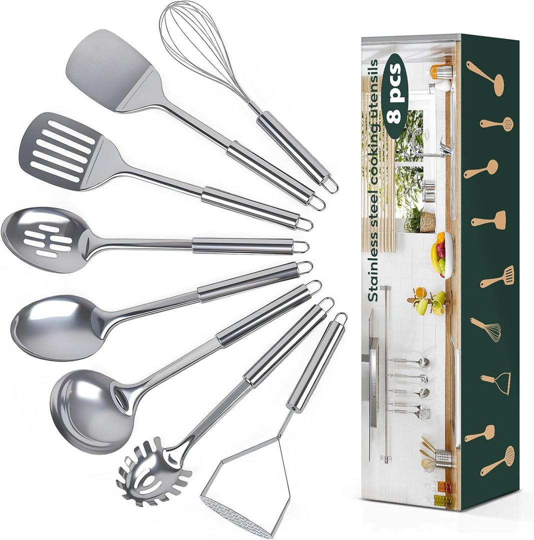 8 Pcs Cooking Utensils Set, Stainless Steel Kitchen Utensils, Heat Resistant Metal Kitchen Tools Include Solid & Slotted Spatula, Serving Spoon, Ladle, Pasta Server, Potato Masher, Egg Whisk, Silver