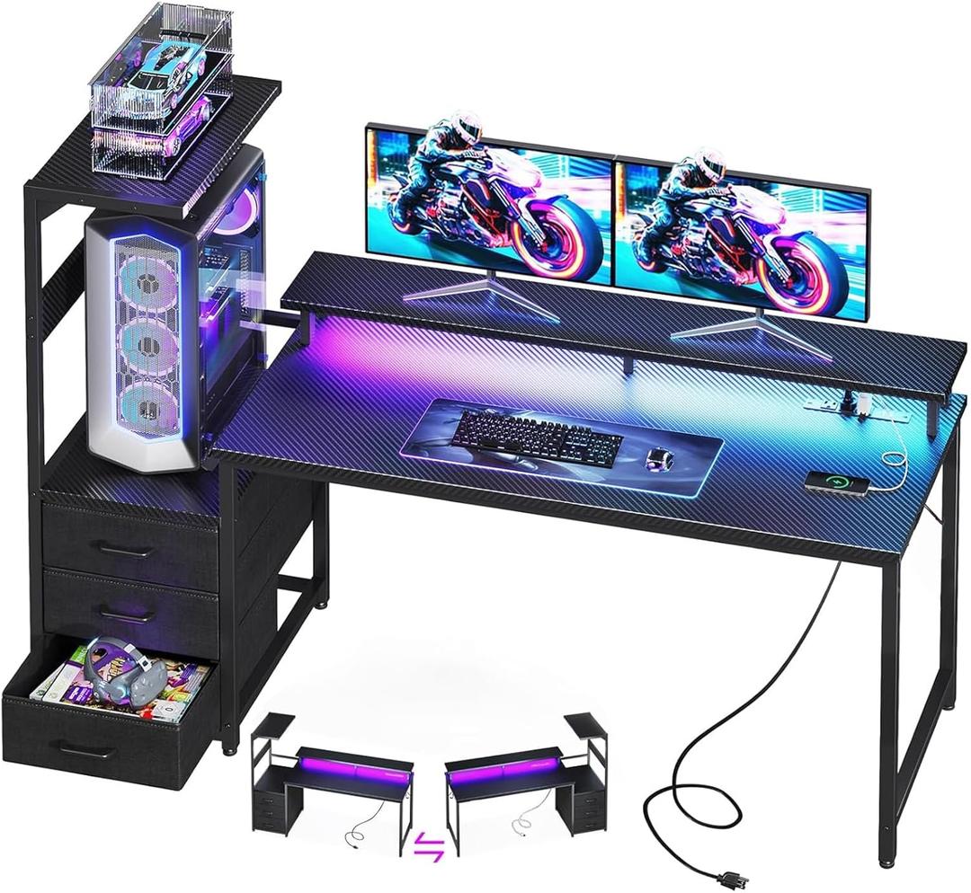 Casaottima 59 Inch Gaming Desk with USB Charging Ports & LED Light - Reversible Computer Desk with 3 Fabric Drawers, Monitor Stand, CPU Stand, Modern Office Desk, Pure Black