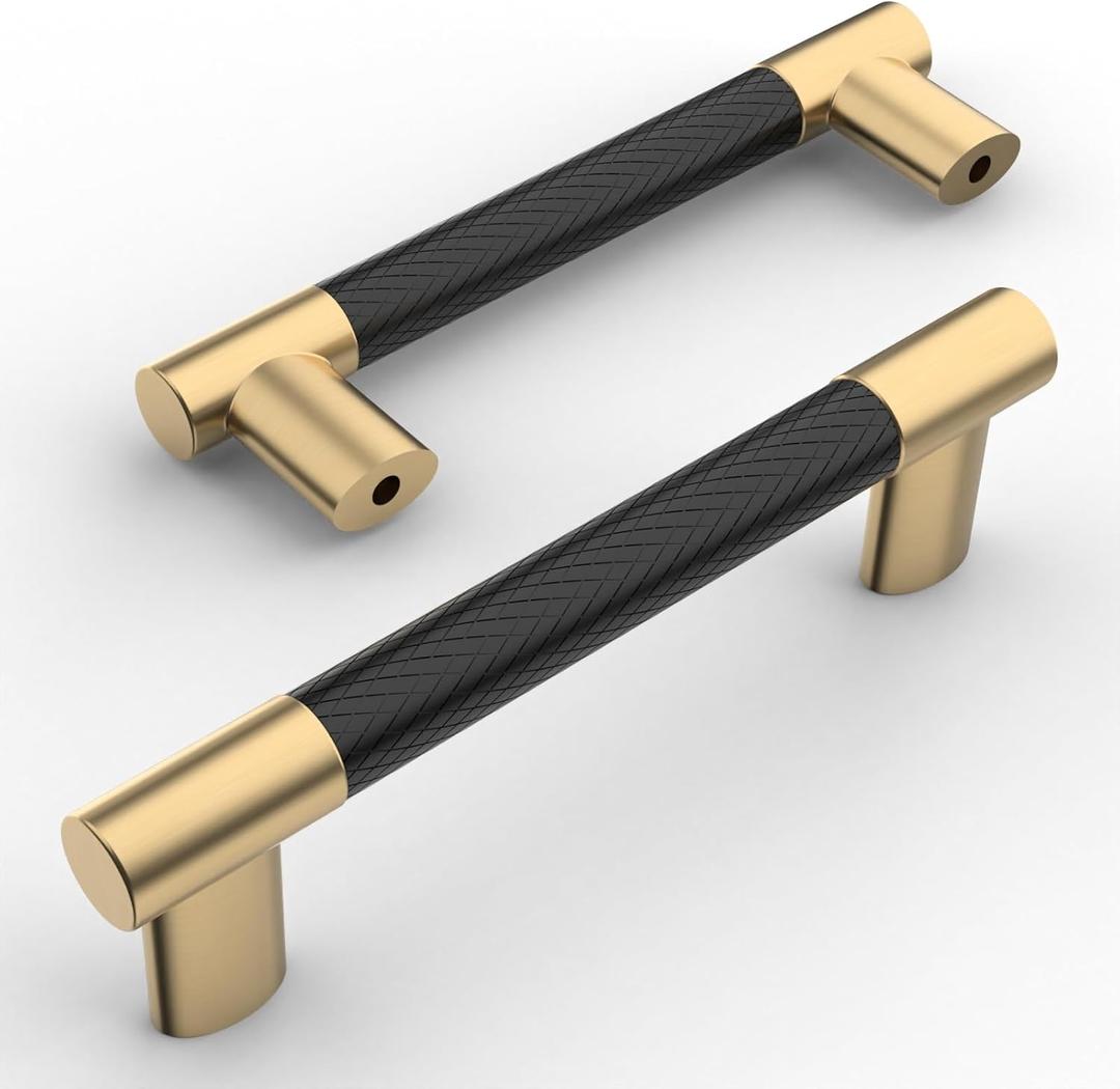 Amerdeco 10 Pack Matte Black and Gold Knurled Cabinet Pulls 3.75 Inch Hole Center Kitchen Cabinet Handles for Drawer Cupboard and Wardrobe ZH0038…