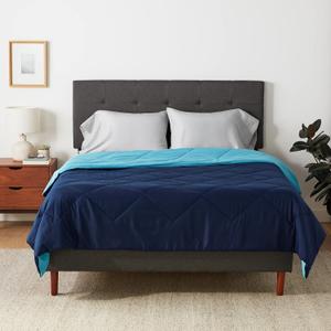 Amazon Basics Soft Reversible Lightweight Microfiber Comforter, Washable, Warm All Season Blanket, Full/Queen, Navy/Sky Blue