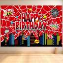 Spider Web Birthday Backdrop, 5x3FT Pre-Punched Polyester Spider Theme Happy Birthday Banner Party Decorations & Photo Backdrop Props for Boys & Girls