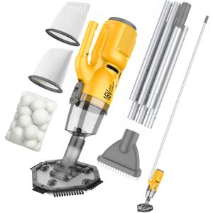 16V Cordless Handheld Pool Vacuum with 3-Stage 3D Micro-Filtration | 45W 26kPa Hyper Suction, 2 Filters, 3D Fiber Balls, XL Canister, 7ft Pole & 2 Heads, for Inground & Above Ground Pools, Spas