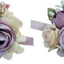 USIX 2pc Pack-Handmade Artificial Peony Flower Wrist Corsage with Satin Wristband for Girl Bridesmaid Wedding Party Prom Flower Corsage Hand Flower (Purple Wrist Corsage x2)
