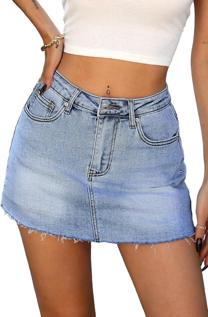 ELLEVEN Denim Skirt with Shorts Mini Skort - Casual Jean Skirts with Raw Hem & Pockets (Large)