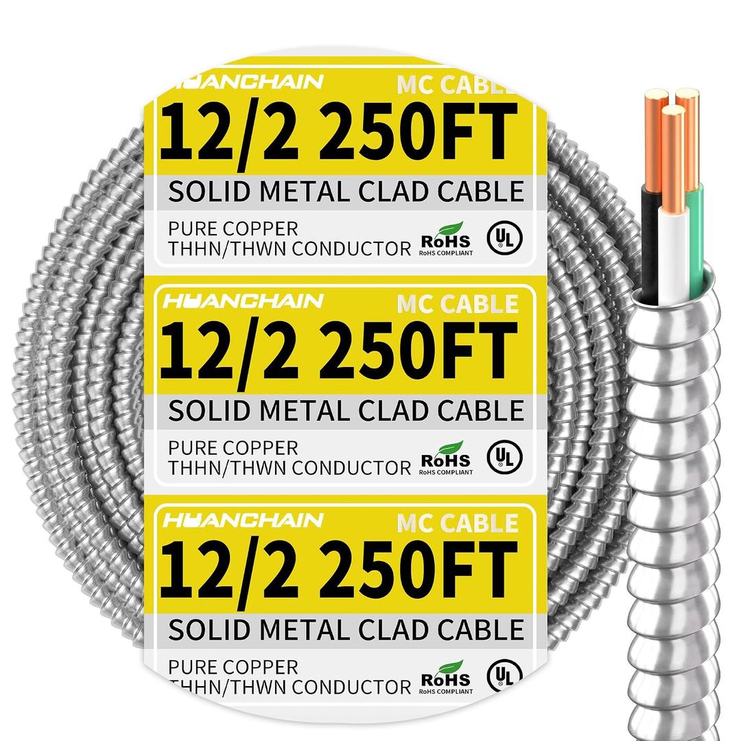 HUANCHAIN 12/2 MC Cable 250FT Solid Copper Wire with Aluminum Armor
Metal Clad Cable 2 Copper Conductors with Ground 600V Rated, for Indoor, Outdoor, Commercial, Industrial Use, UL Listed