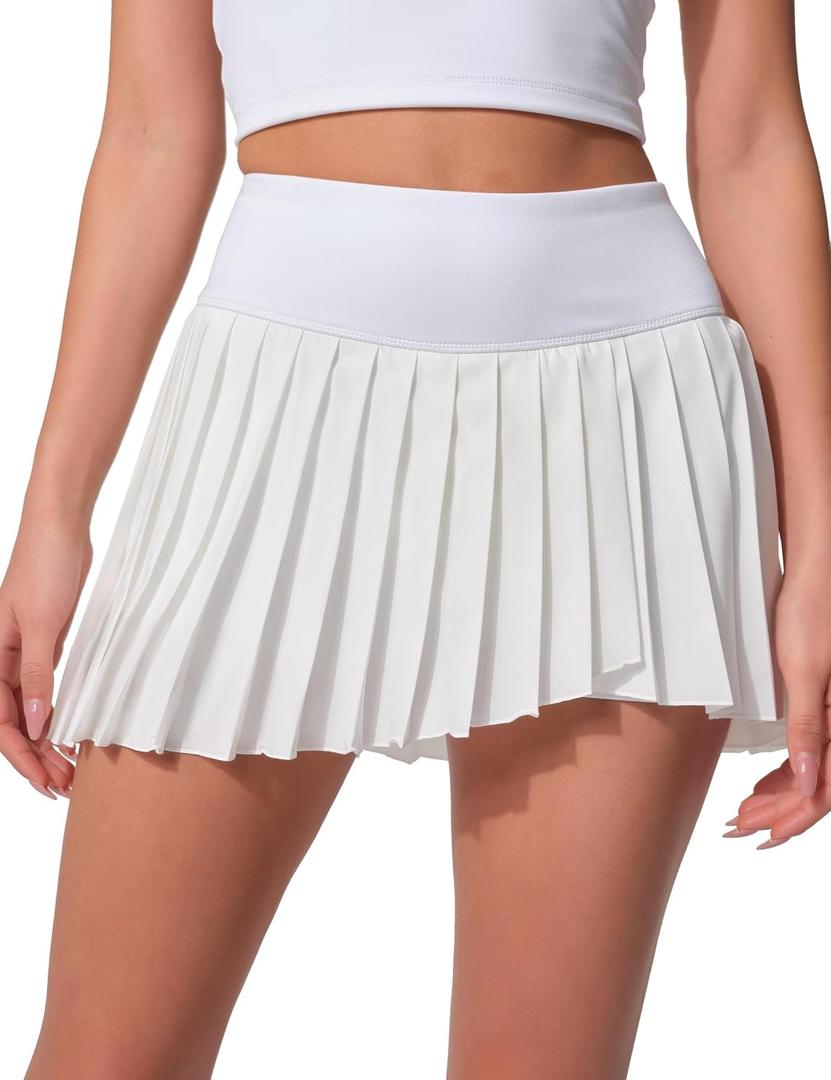 Pleated Tennis Skirts for Women with Shorts Pockets Mini Side Slit High Waisted Athletic Golf Workout Skirt Skort (White, M)