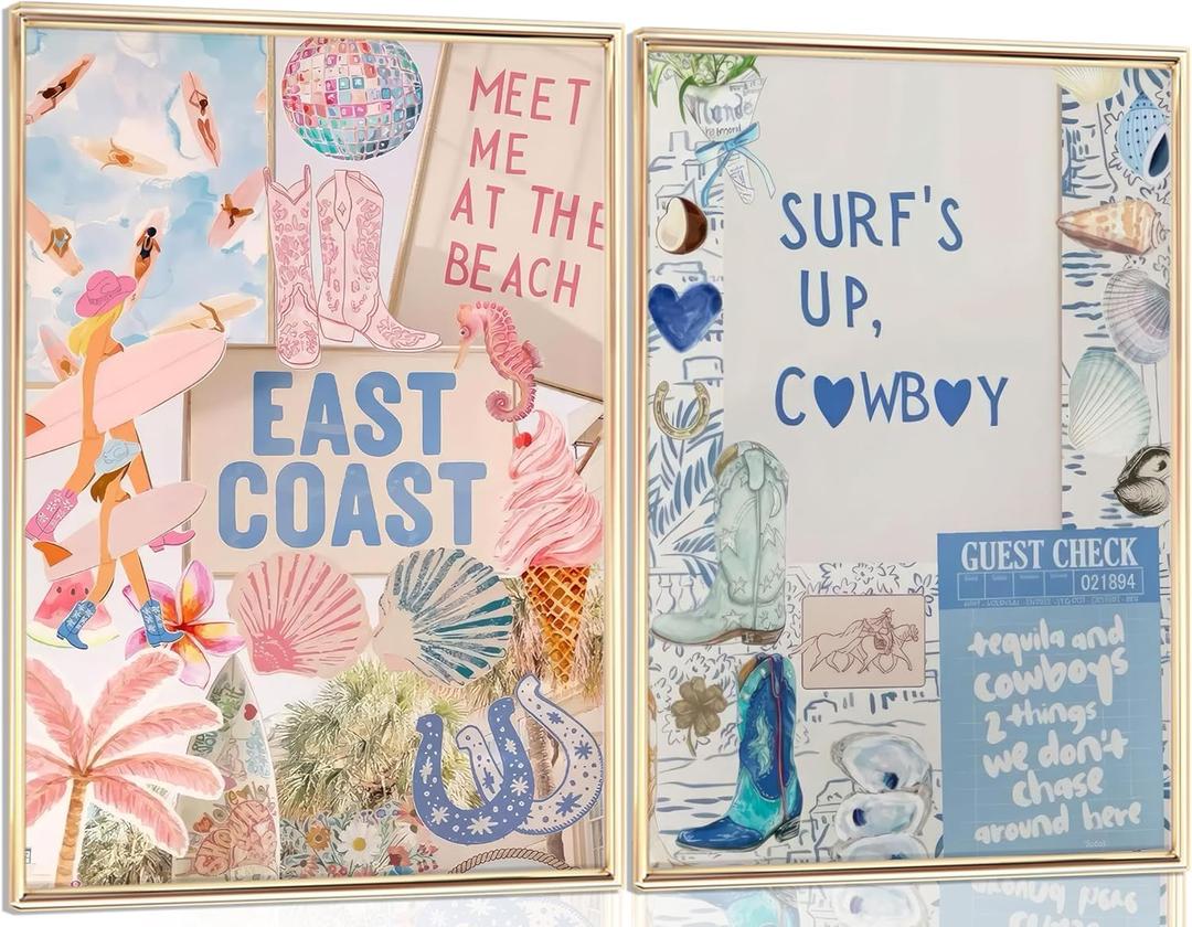 2PCS Pink And Blue Coastal Cowgirl Wall Art Surfboart Wall Decor Unframed | Coastal Girl Posters Beach Pictuers Cowboy Boots Prints for College Girls Dorm Bathroom Gallery Bedroom