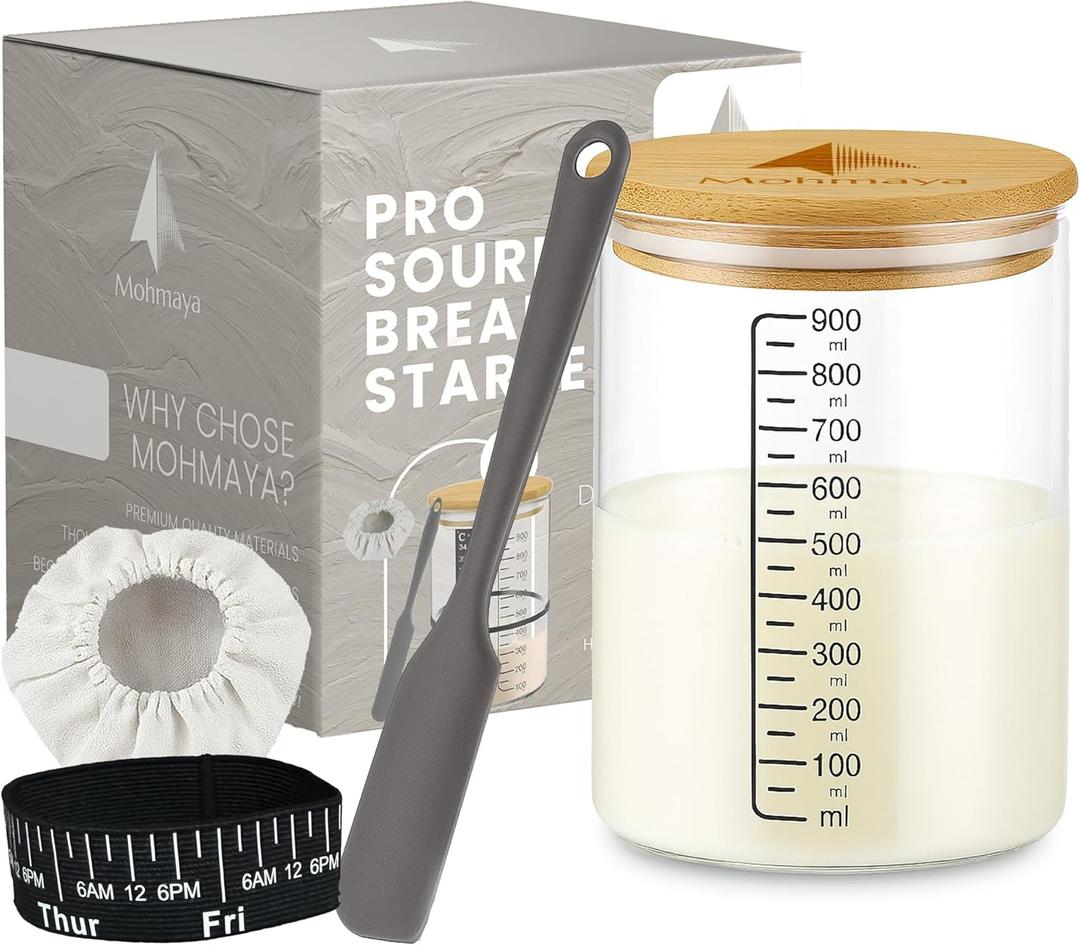 Pro Sourdough Starter Kit - 34oz Glass Jar with Bamboo Lid, Thermometer Strip, Feeding Band, Breathable cloth& Silicone spatula | All-Inclusive Baking Supplies for Artisan Bread