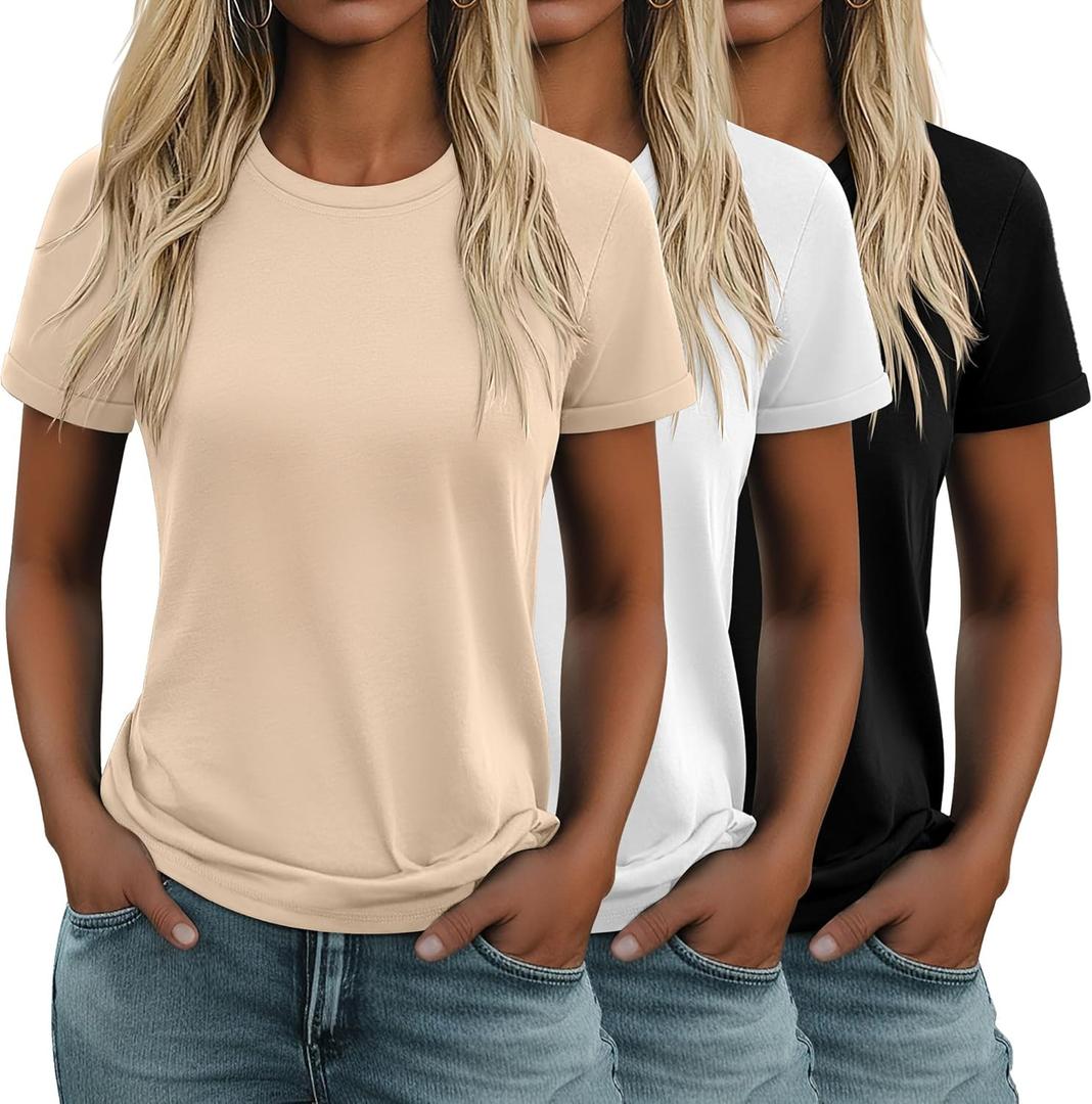 Huukeay 3 Pack Women's Cotton T Shirts Casual Short Sleeve Tunic Tops Crewneck Summer Plain Basic Loose Fit Tee (Medium)