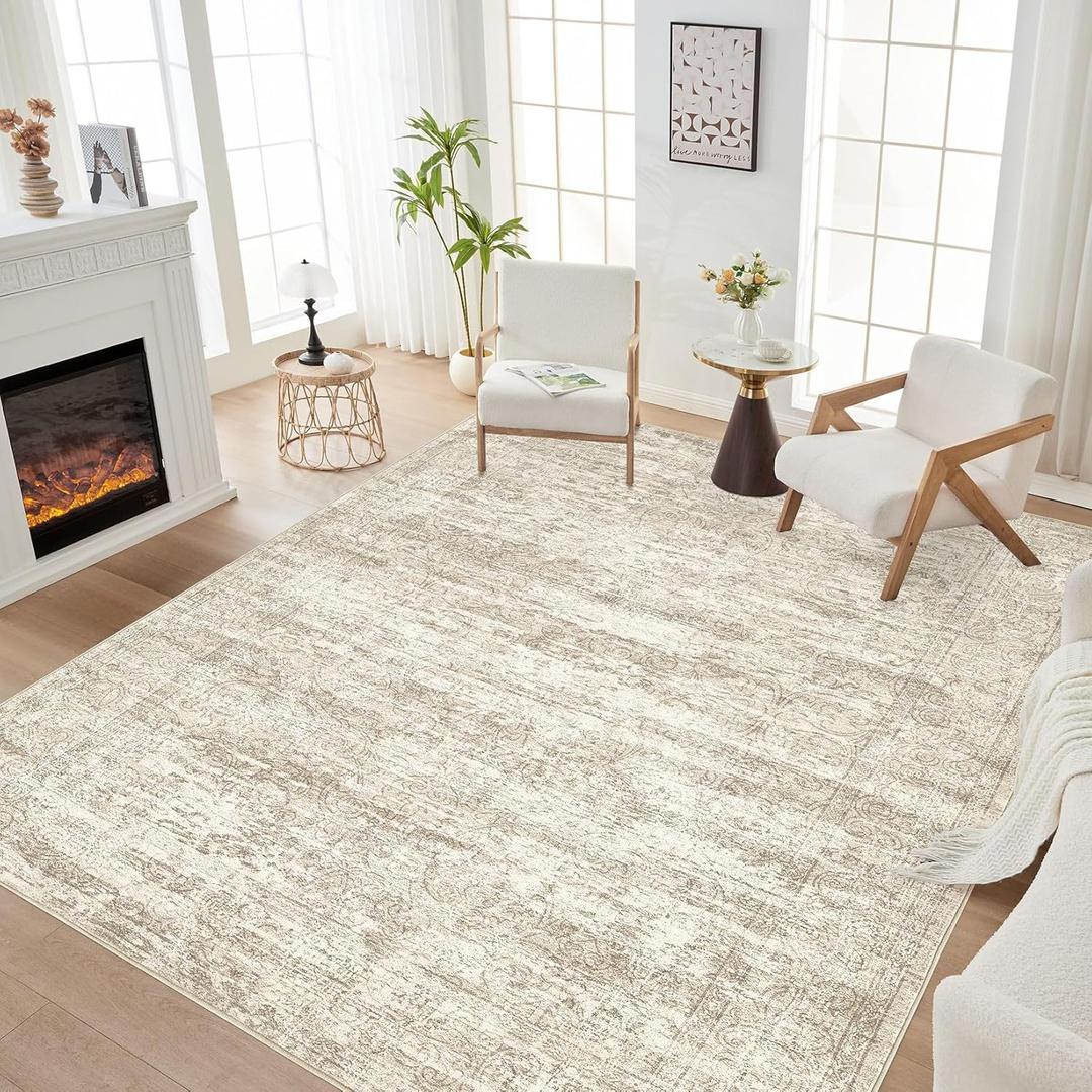 Area Rug Living Room Rugs - 9x12 Abstract Large Soft Indoor Washable Rug Neutral Modern Low Pile Carpet for Bedroom Dining Room Farmhouse Home Office - Vintage Beige