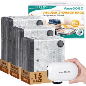 Travel Vacuum Storage Bags with Pump, Carry-on Luggage Compression Bags + Portable Electric Pump, 80% Space Saver for Clothes, Vacuum Seal Bags for Clothing Packing Travel, Pack of 15