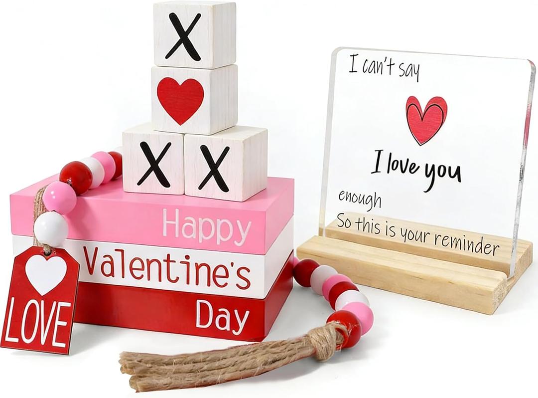 Valentine Wood Book Stack with XOXO Blocks for Table Shelf Tiered Tray Decor (red pink)