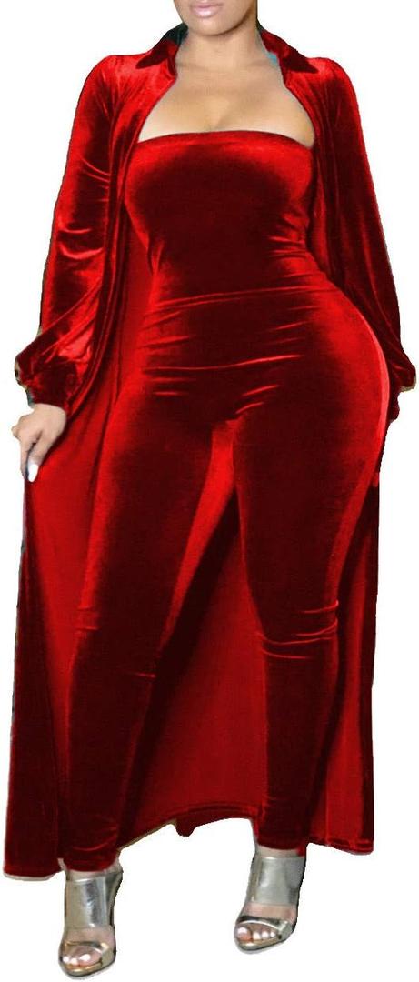 Remelon Womens Sexy Velvet 2 Piece Outfits Long Sleeve Cardigan Tube Off Shoulder Bodycon Party Jumpsuits Set Clubwear (Medium, Red)