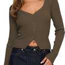 Ribbed Tops for Women Long Sleeve Button Down Shirt V Neck Ligngweight Crop Fitted Cardigan Coffee L (Brown, L)