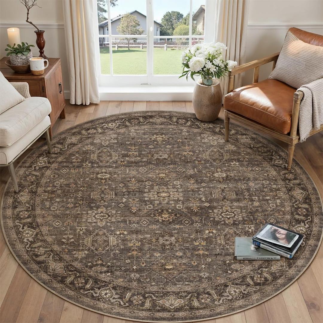 6x6 Washable Round Rug for Living Room Bedroom Vintage Brown Carpet Soft Low Pile Traditional Retro Non Slip Cirlce Rug for Dining Room Entryway Indoor Dorm Kitchen