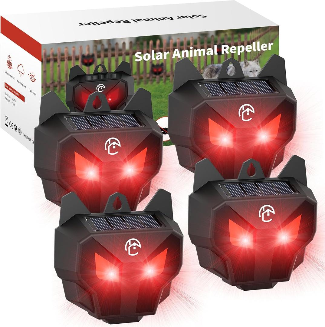 X-PEST Solar Nocturnal Animal Repeller with Red LED Flashing Lights Effective Coyote, Raccoon, Skunk, Deer & Hawk Deterrent Waterproof Predator Lights for Yards, Gardens & Chicken Coops, 4 Pack