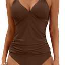 B2prity Halter Tankini Swimsuit for Women Tummy Control Two Piece Bathing Suit V Neck Swimwear with Shorts (Large, Brown)