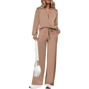 PRETTYGARDEN Women's 2 Piece Outfits Casual Lapel Half Zip Sweatshirts And Wide Leg Pants Tracksuit Sets (XL)