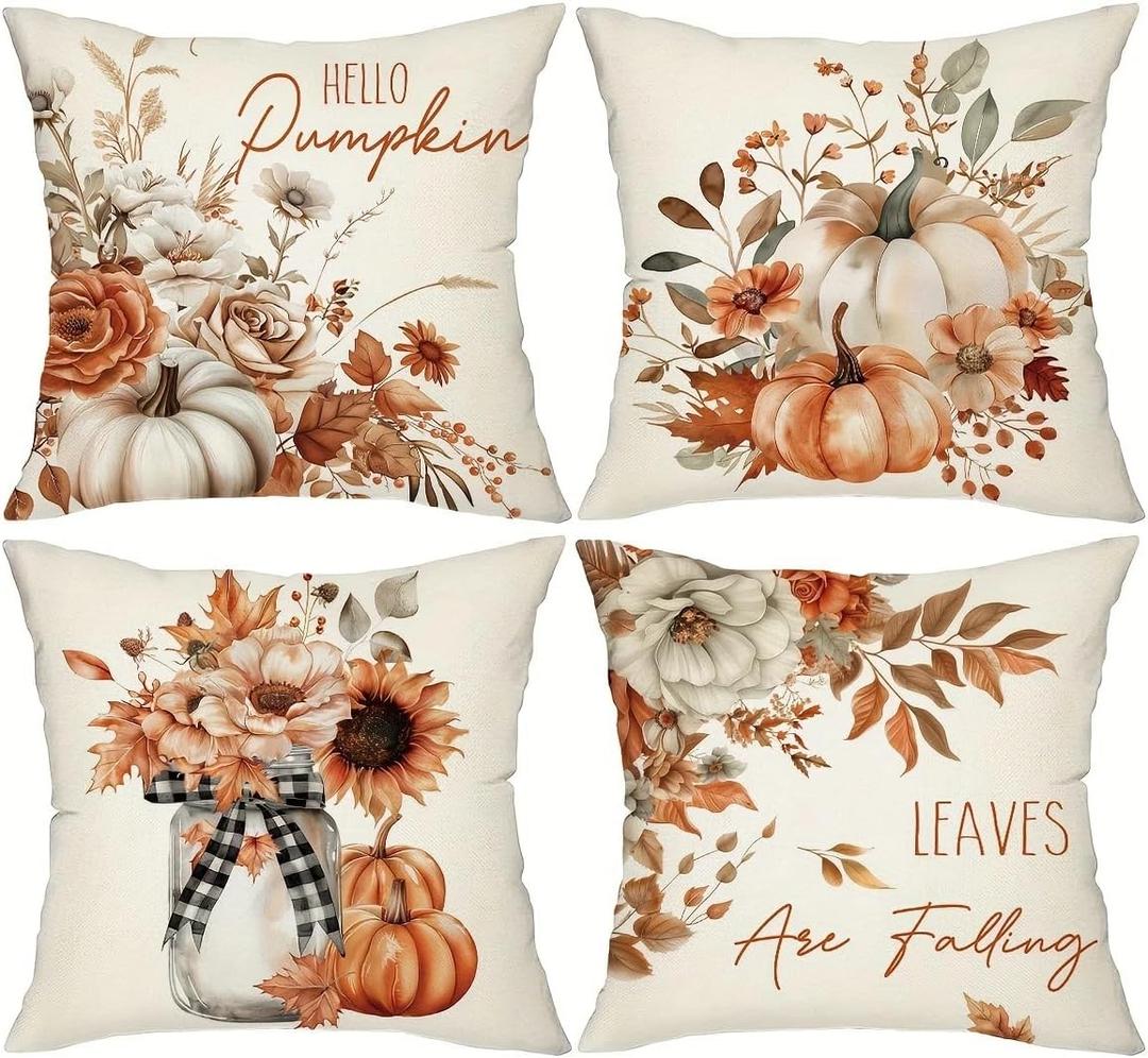 Fall Pillow Covers 18x18 Set of 4, Pumpkin Sunflower Decorative Holiday Autumn Harvest Throw Pillow Case for Soft Living Room Bedroom Decor (Style 01)
