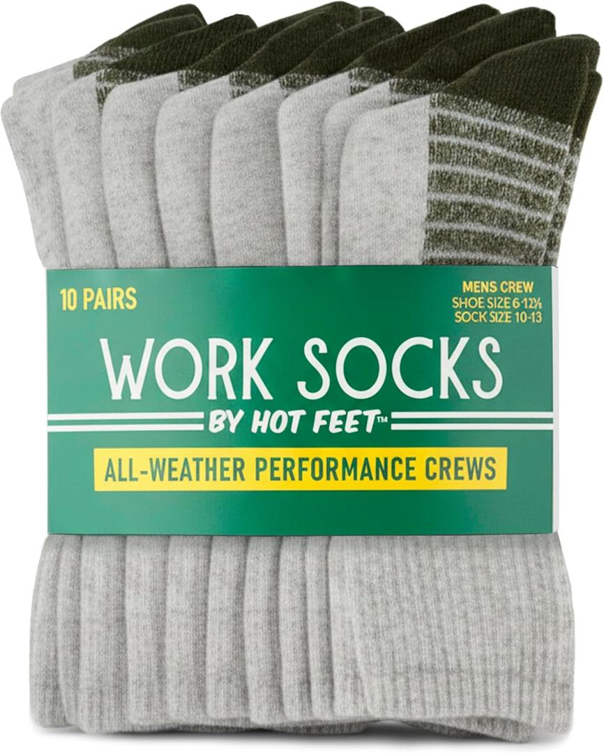 HOT FEET Work Socks for Men, Long All Weather Boot Crew Cotton Socks, Cushioned, Moisture Wicking, Stocking Stuffers (Gray)