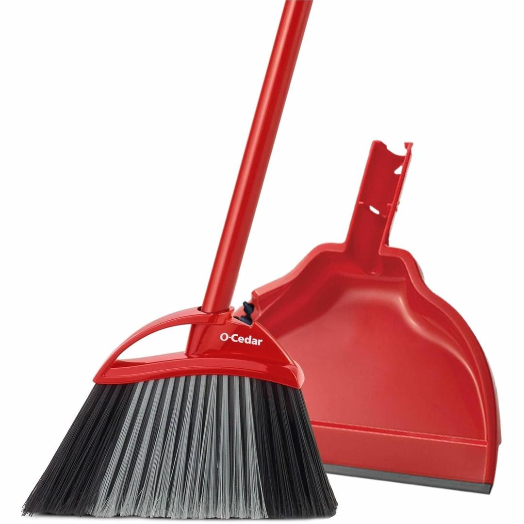 O-Cedar PowerCorner Angle Broom with Dustpan, Red, 1 Each