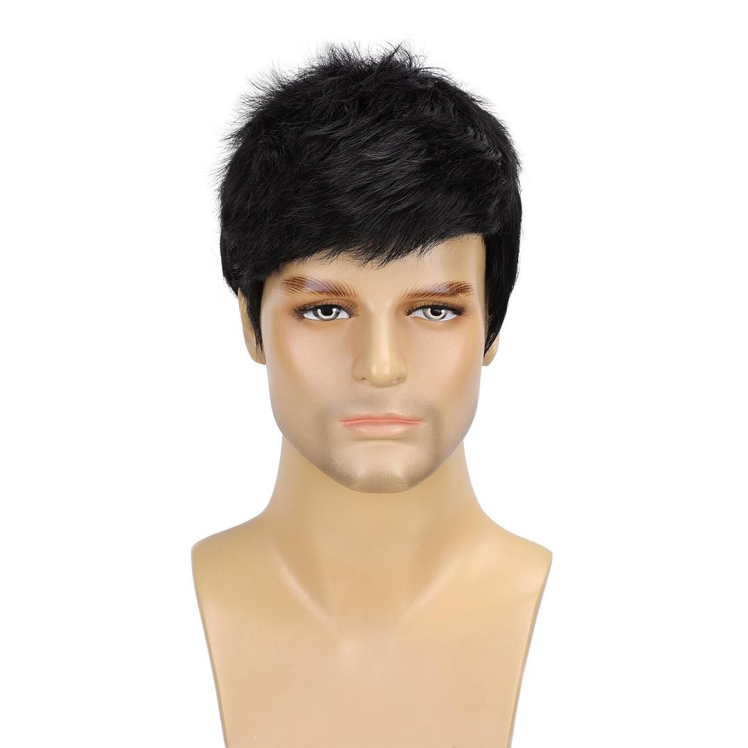 Short Mens Wig Black Handsome 6 Inch Heat Resistant Synthetic Straight Male Wigs for Daily Costumes or Halloween Wear