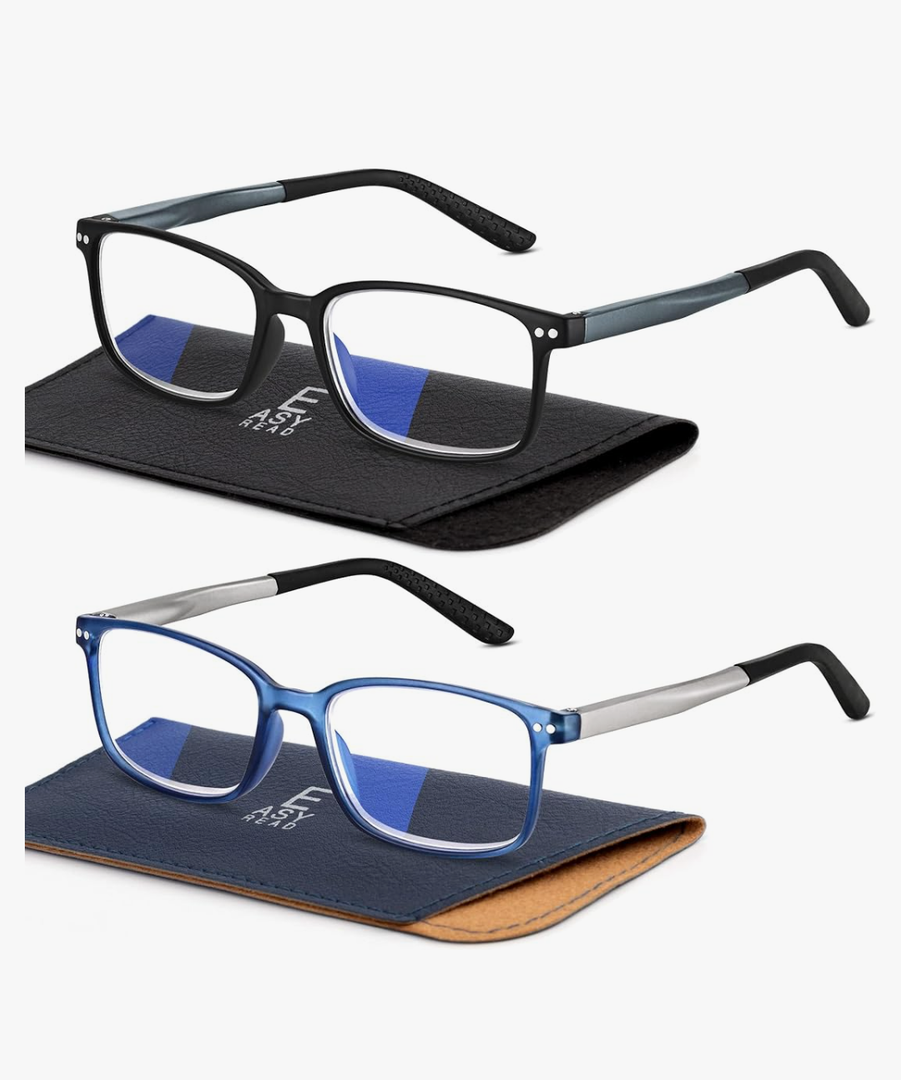 EASY READ 2 Pairs Sporty Style Reading Glasses for Men，Rectangular TR90 Blue Light Blocking Readers with Spring Hinge 1.5
