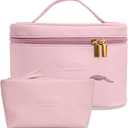 Travel Cosmetic Bag for Women, PU Leather Cosmetic Bag Set of 2, Waterproof, Large Makeup Bag with Handle (Light pink makeup bag)