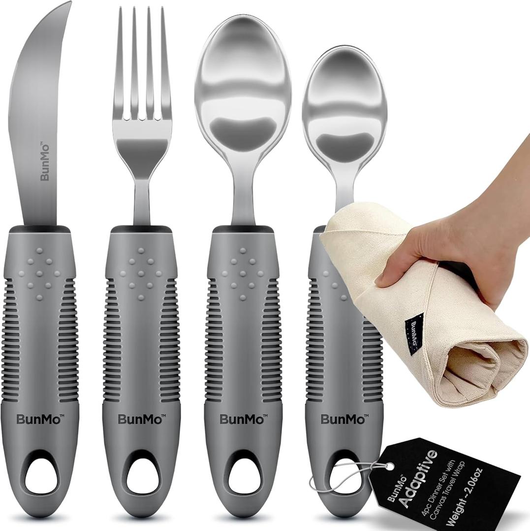 BUNMO Utensils for Elderly, Arthritis, Weak Hand Grip, Tremors & Handicapped - Convenient Travel Pouch - 2.6oz Lightweight - Stainless Steel - Eat Independently - Adaptive Gray 4 Piece Set