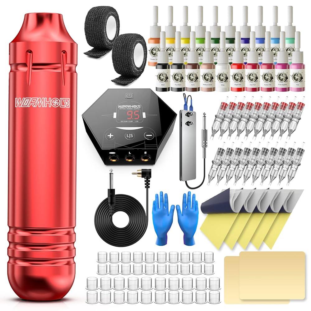 Wormhole Tattoo Kit Tattoo Gun Kit Tattoo Machine Kit for Beginners Tattoo Gun 20 Color Inks Power Supply Tattoo Pen Kit Red