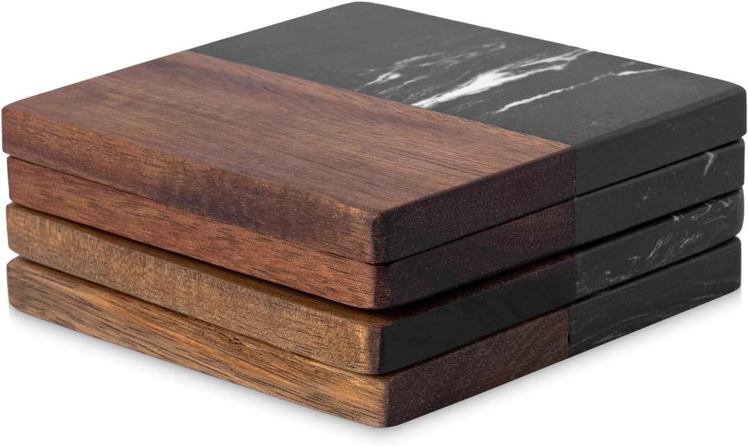 Marble Coasters: 4Piece Set of Acacia Wood Marble Coasters, Suitable for Kitchens, Offices, and can be Used as Gifts (Black Square)