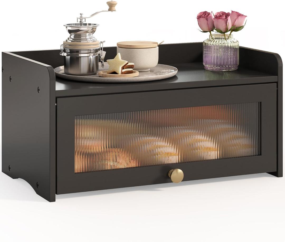 Bread Box for Kitchen Countertop, Large Bread Container Storage, Wooden Farmhouse Bread Box with Window Bread Holder (Vintage Black)