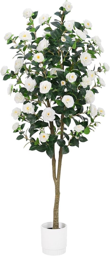 Artificial Camellia Tree 6FT  Nearly Natural Faux Plants Indoor, with Easy Assembly, Low Maintenance, Ideal for Both Indoor Decoration and Other PurposesPerfect Porch Christmas Trees (White 6ft)