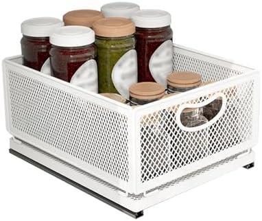 ULIKEUS Sliding Cabinet Basket Organizer Drawer Self Adhesive Slide out Pantry Shelves Heavy Duty Carbon Steel Slide Cabinet Storage Basket with Handle for Bathroom Kitchen Home, Medium