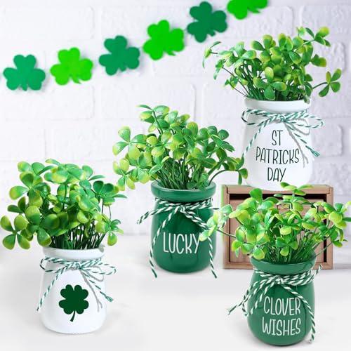 4 Pcs St Patricks Day Mini Jars with Artificial Shamrock MIni Vase Fake Shamrock Clover for St Patricks Day Party Fireplace Table Kitchen Decor 3"L x 2.1"W x 3"H