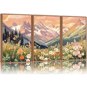 SIGNINART Vintage Floral Framed Canvas Wall Art Set, Large Mountains Nature Landscape Wall Decor, Bohemian Wildflower Forest Artwork, Pink Ridge Art Printing for Living Room Bedroom Office 16"x24"x3