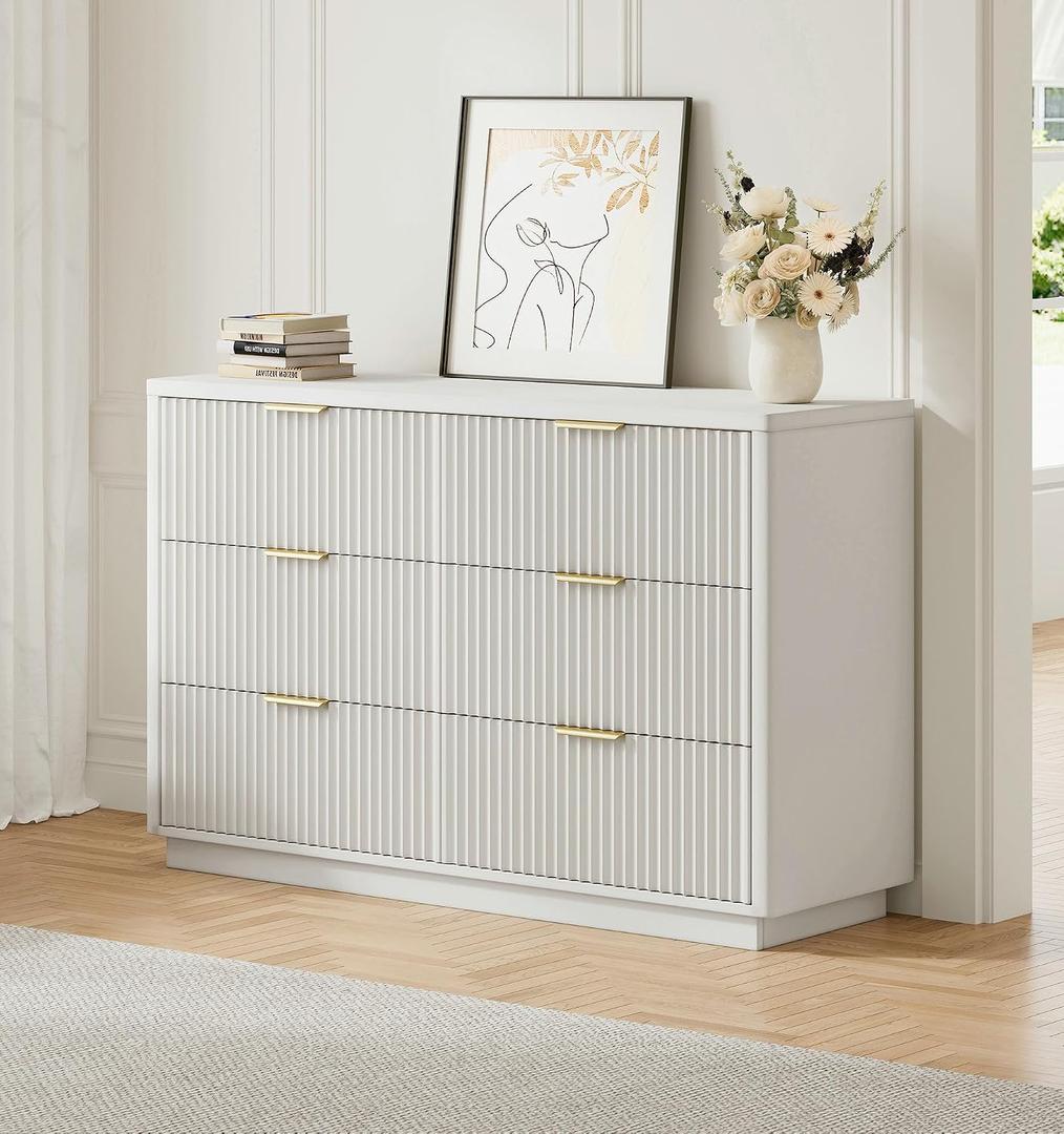 Ball & Cast Fluted Dresser for Bedroom with 6 Drawers,47" W Modern Chest of Drawers with Metal Handles,Wood Dresser TV Stand,Closet Dresser Drawers Organizer for Living Room,Hallway,White, 15.4"D x 47.3"W x 31.5"H