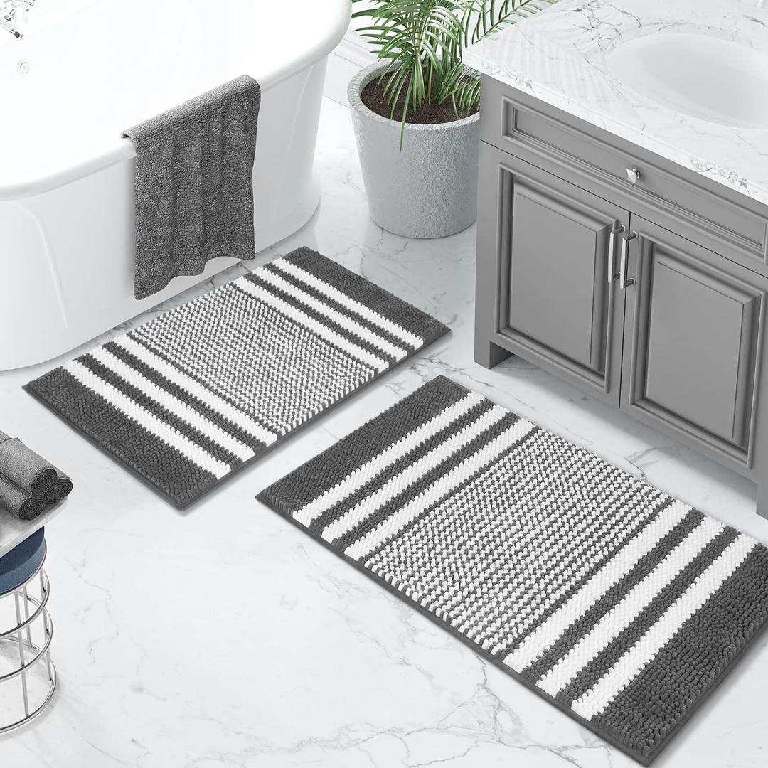 Tindbea Bathroom Rugs Set 2 Piece, Extra Soft and Absorbent Fluffy Striped Chenille Bath Mat Rug Set, Non Slip Bathroom Floor Mat, Machine Washable (20" x 32" Plus 16" x 24", Dark Gray)