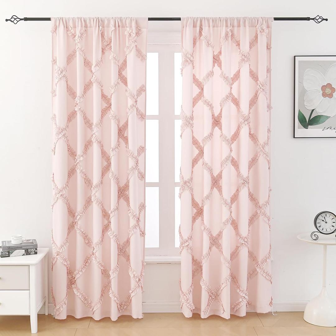 Blush Ruffle Diamond Fabric Curtain for Windows with Rod Pocket, 51 x 84 Inch, 2 Panels