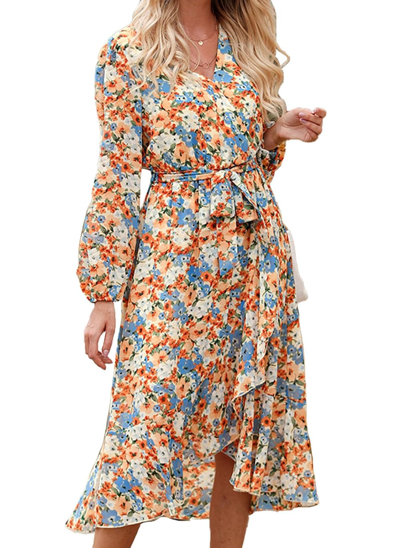 PRETTYGARDEN Women's Floral Boho Dress Fall Long Sleeve Wrap V Neck Ruffle Flowy Maxi Spring Wedding Guest Vacation Dresses, Size M