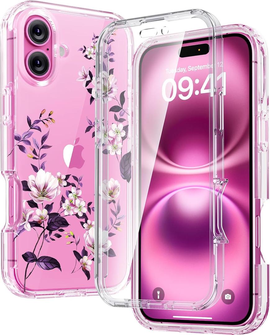 Diaclara Designed for iPhone 16 Case, Full Body Rugged Case with Built-in Touch Sensitive Anti-Scratch Screen Protector, Upgraded [Full Camera Protection] for iPhone 16 Holsters 6.1" (Clear Flower) (Camellia)